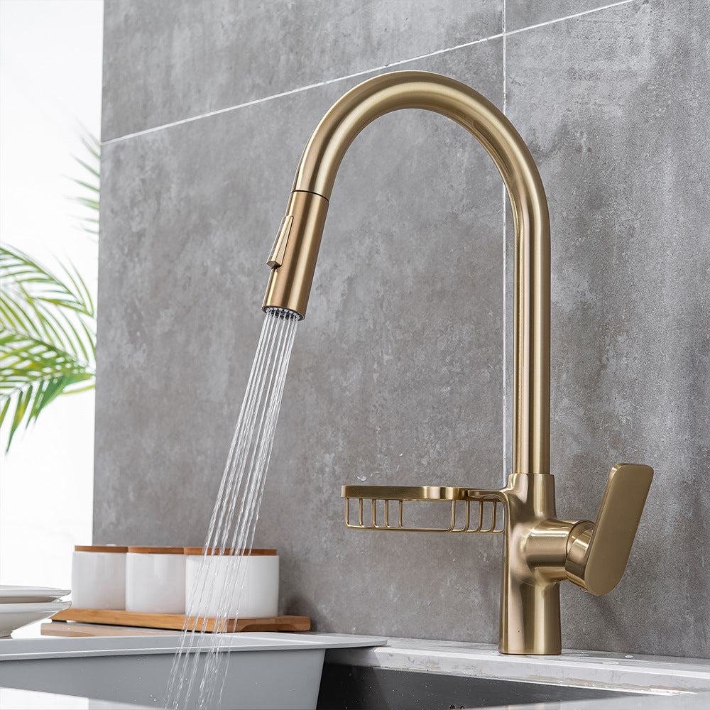 Full Brass Hot and Cold Water Pull Down Sprayer Kitchen Faucet with Storage Basket