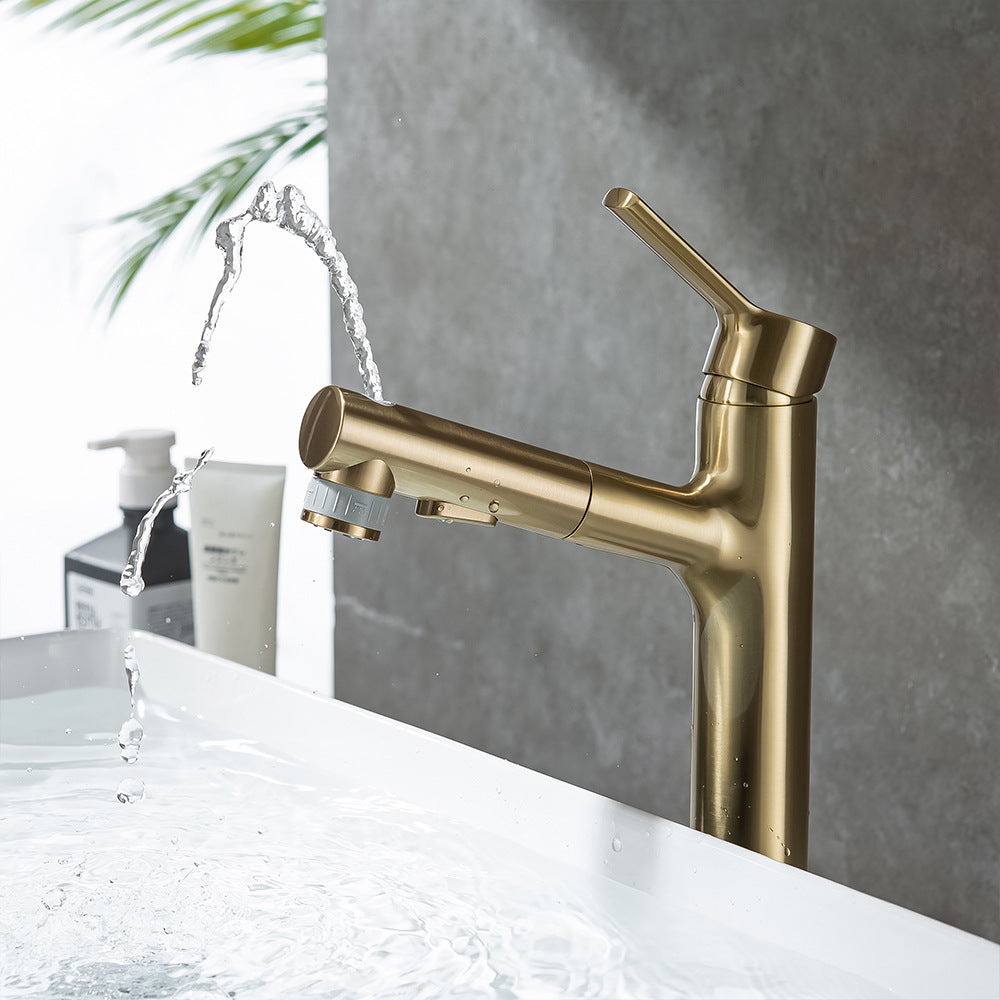 Full Brass Hot and Cold Water Multi-Function Pull Down Bathroom Countertop Basin Bathroom Faucet