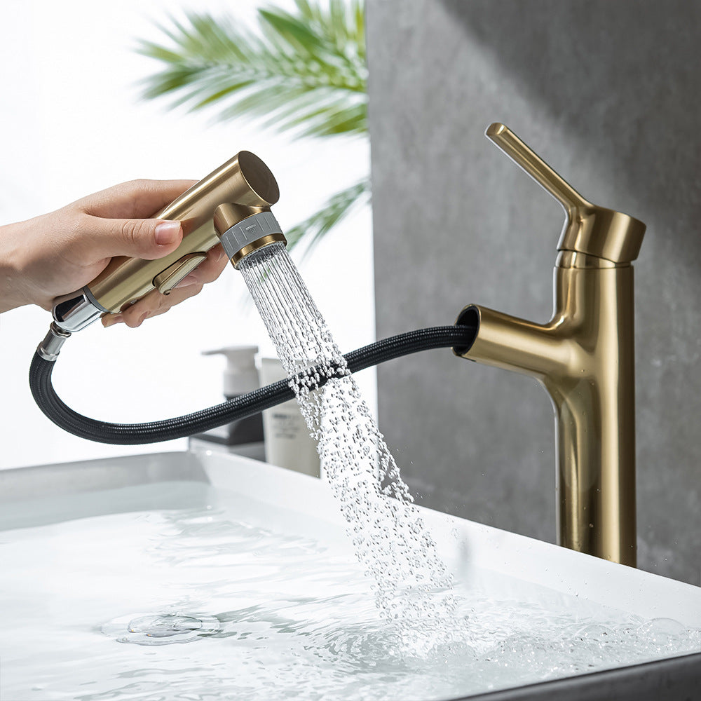 Full Brass Hot and Cold Water Multi-Function Pull Down Bathroom Countertop Basin Bathroom Faucet