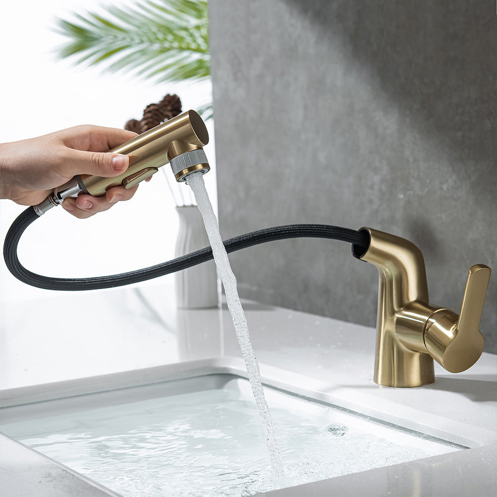 Eumtenr Full Brass Hot and Cold Water Pull Down Bathroom Faucet One Click Switching